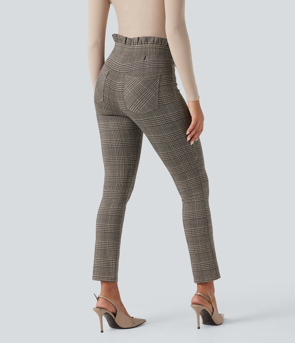 Paper Bag High Waisted Tie Houndstooth Plaid Work Skinny Trousers with Pockets — Brown Houndstooth Plaid — view 2