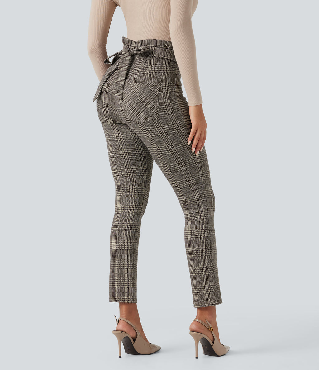 Paper Bag High Waisted Tie Houndstooth Plaid Work Skinny Trousers with Pockets — Brown Houndstooth Plaid — view 5