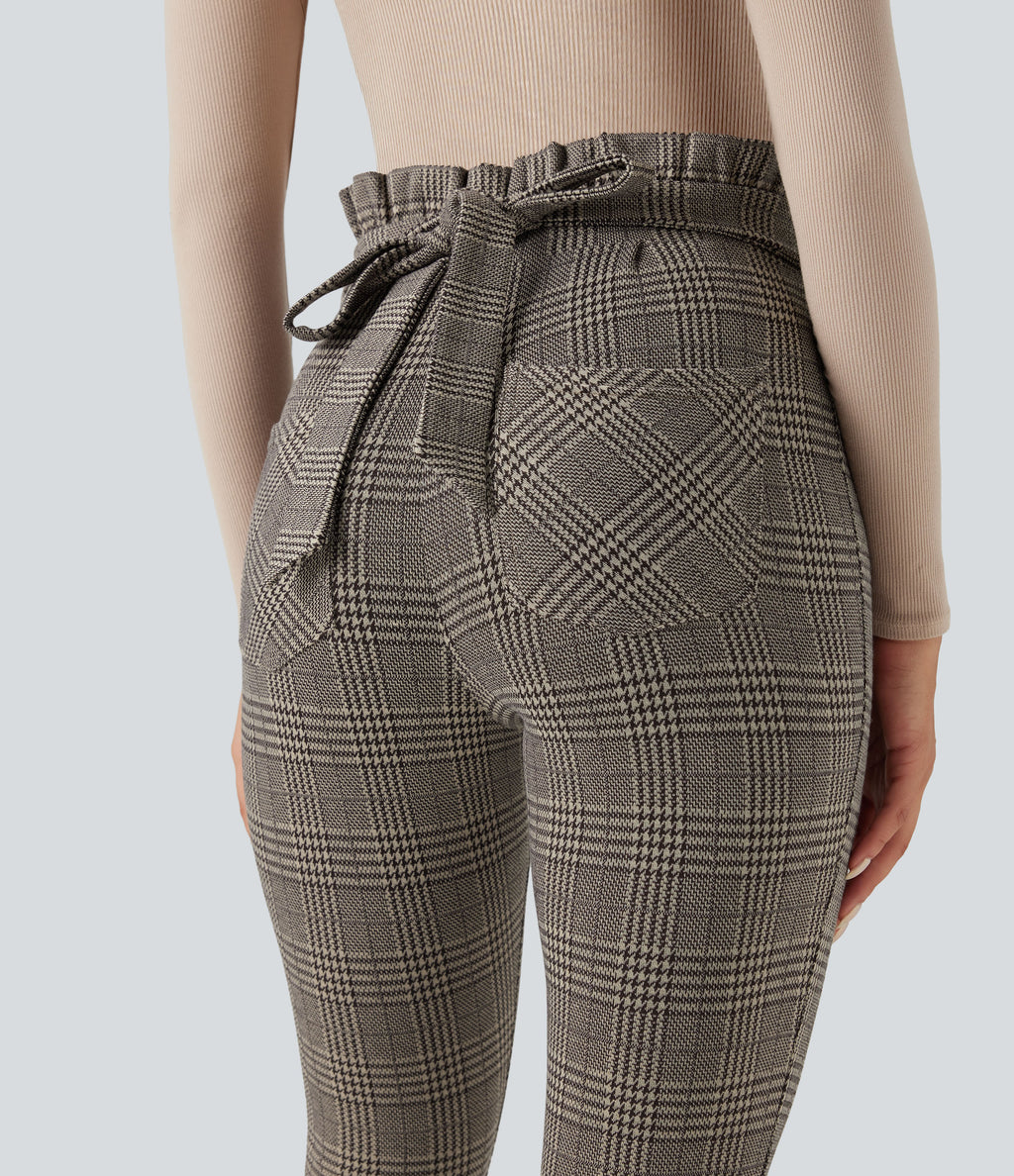 Paper Bag High Waisted Tie Houndstooth Plaid Work Skinny Trousers with Pockets — Brown Houndstooth Plaid — view 8