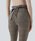 Paper Bag High Waisted Tie Houndstooth Plaid Work Skinny Trousers with Pockets — Brown Houndstooth Plaid — view 8