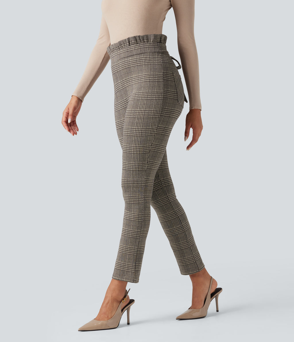 Paper Bag High Waisted Tie Houndstooth Plaid Work Skinny Trousers with Pockets — Brown Houndstooth Plaid — view 6