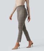 Paper Bag High Waisted Tie Houndstooth Plaid Work Skinny Trousers with Pockets — Brown Houndstooth Plaid — view 6