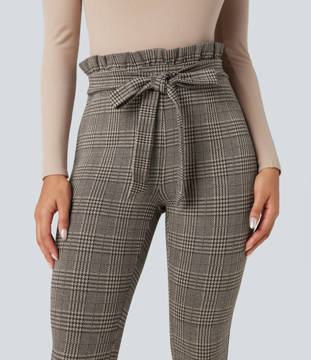 Paper Bag High Waisted Tie Houndstooth Plaid Work Skinny Trousers with Pockets — Brown Houndstooth Plaid — view 7