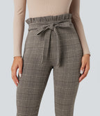 Paper Bag High Waisted Tie Houndstooth Plaid Work Skinny Trousers with Pockets — Brown Houndstooth Plaid — view 7