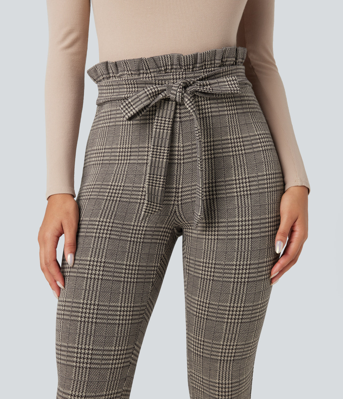 Paper Bag High Waisted Tie Houndstooth Plaid Work Skinny Trousers with Pockets — Brown Houndstooth Plaid — view 7