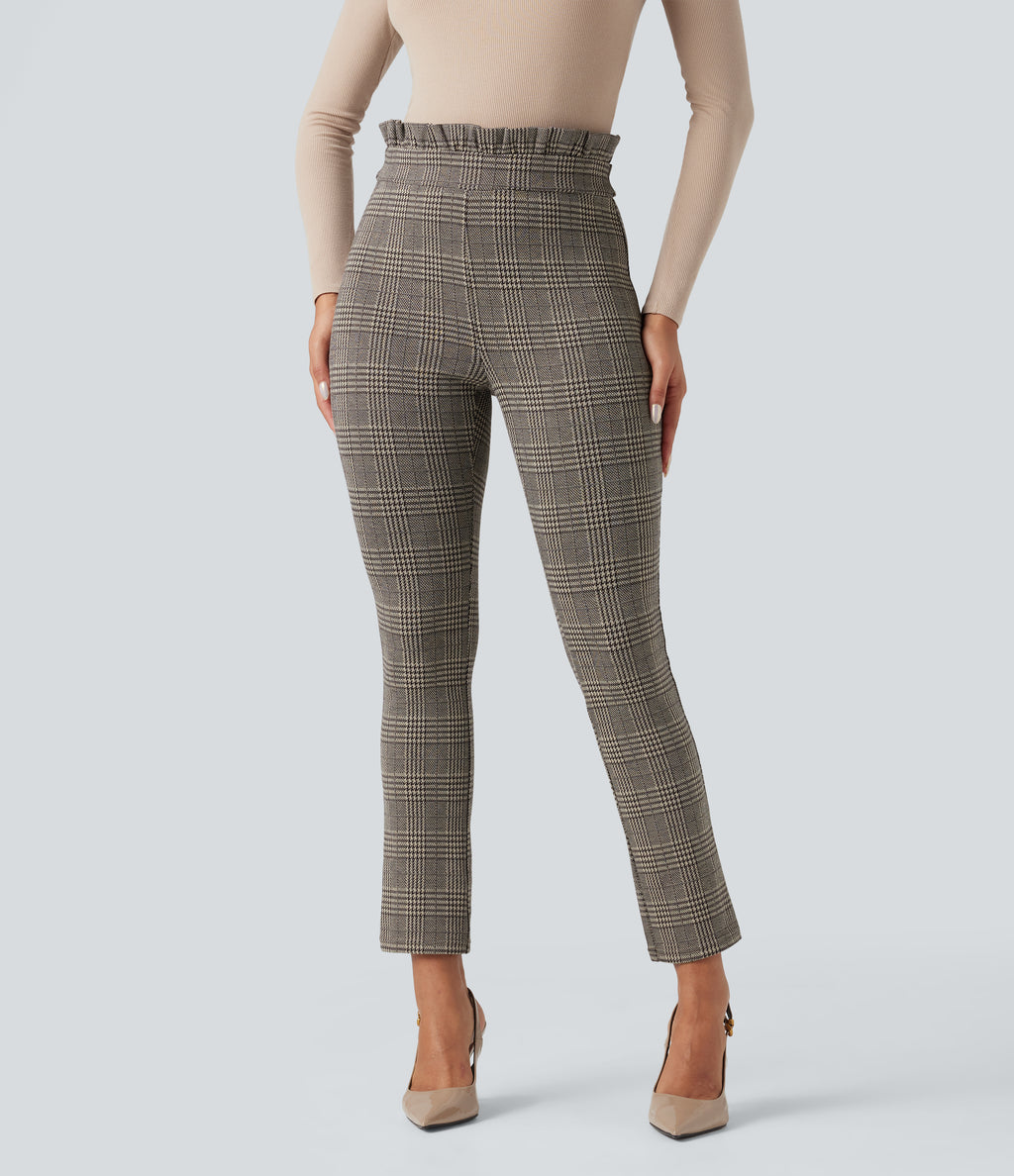 Paper Bag High Waisted Tie Houndstooth Plaid Work Skinny Trousers with Pockets — Brown Houndstooth Plaid — view 4