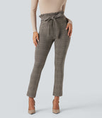 Paper Bag High Waisted Tie Houndstooth Plaid Work Skinny Trousers with Pockets — Brown Houndstooth Plaid — view 1