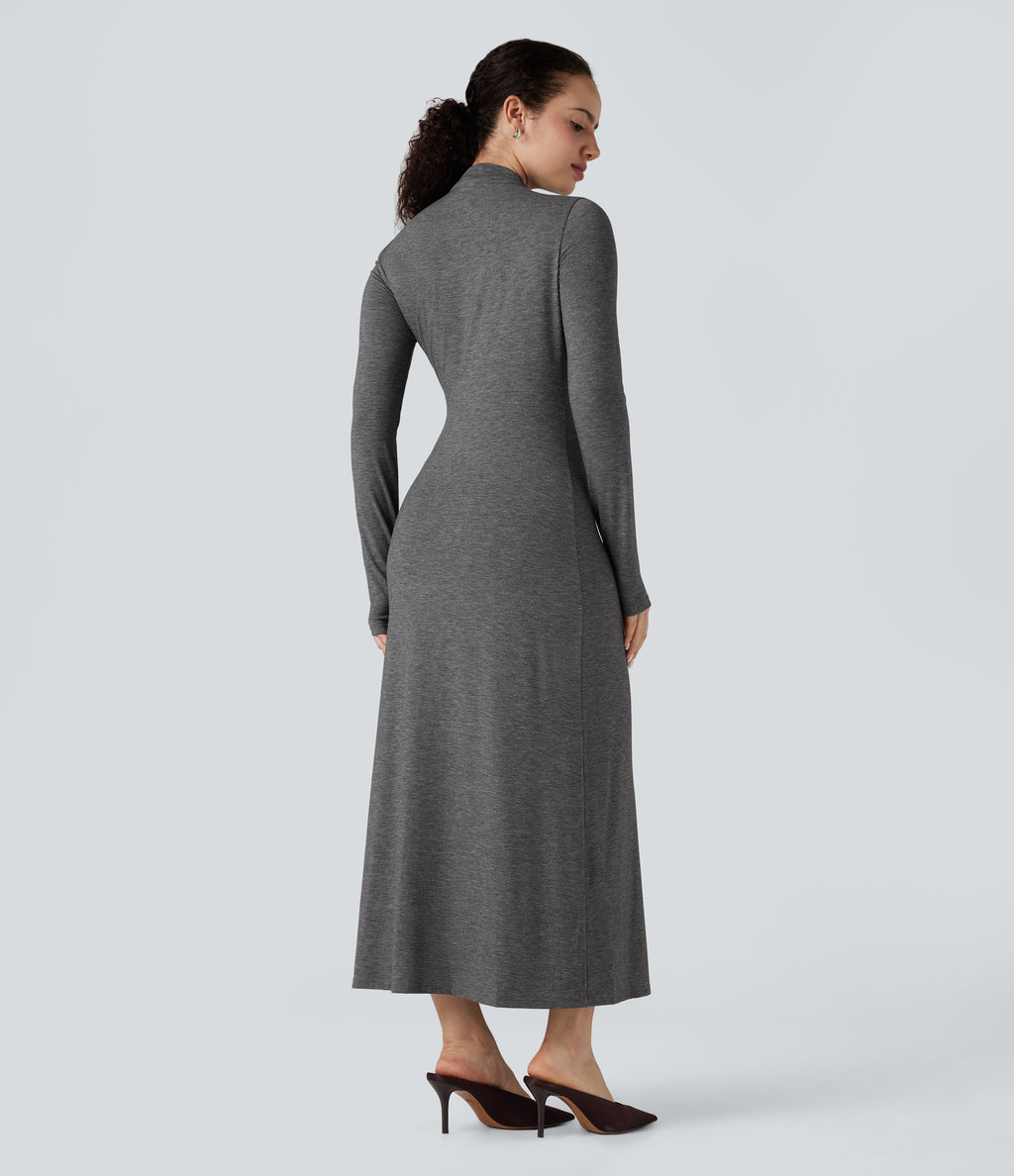 Mock Neck Long Sleeve Midi Casual Dress — Darl Gray Floral Yarn — view 2
