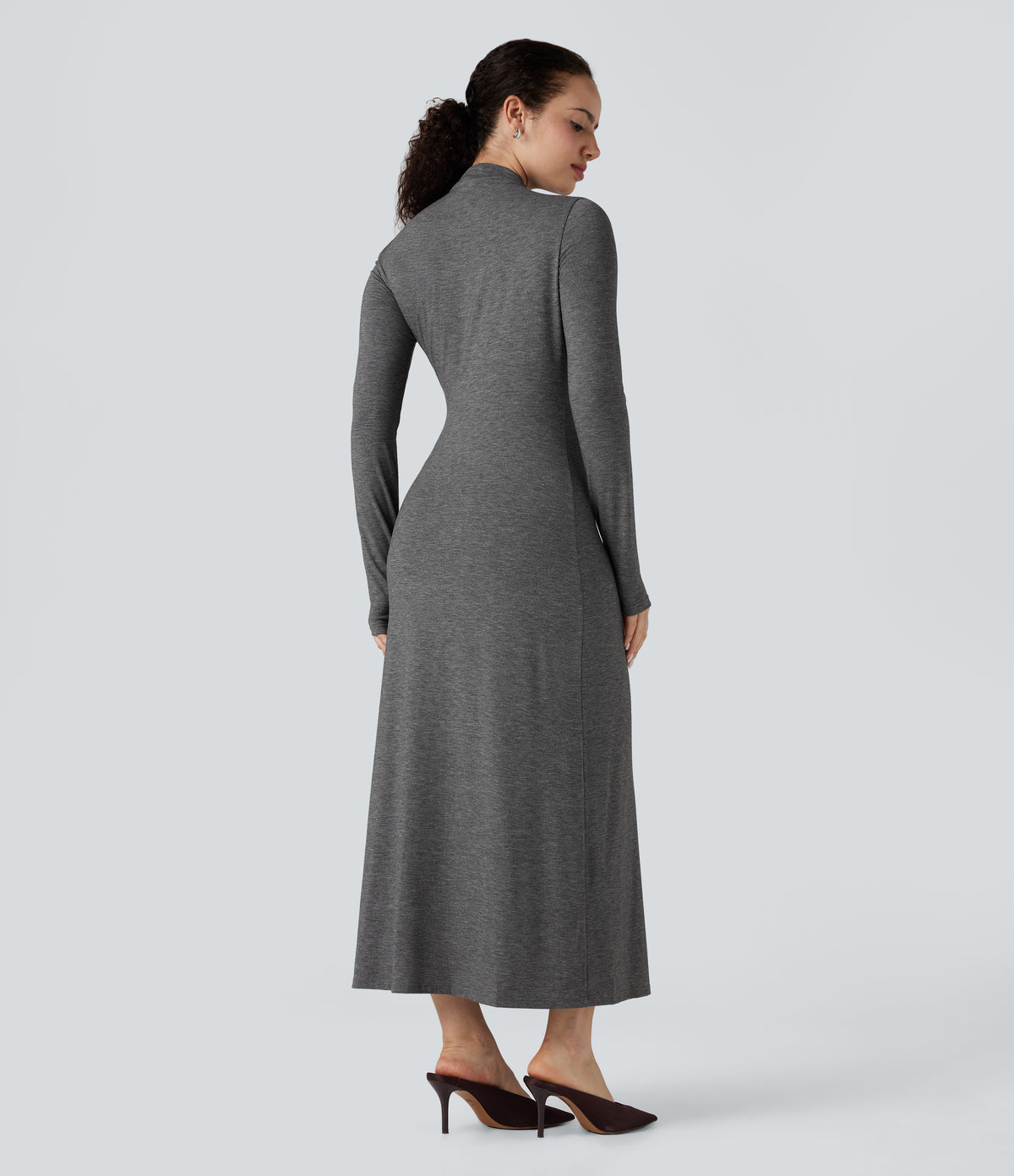 Mock Neck Long Sleeve Midi Casual Dress — Darl Gray Floral Yarn — view 2
