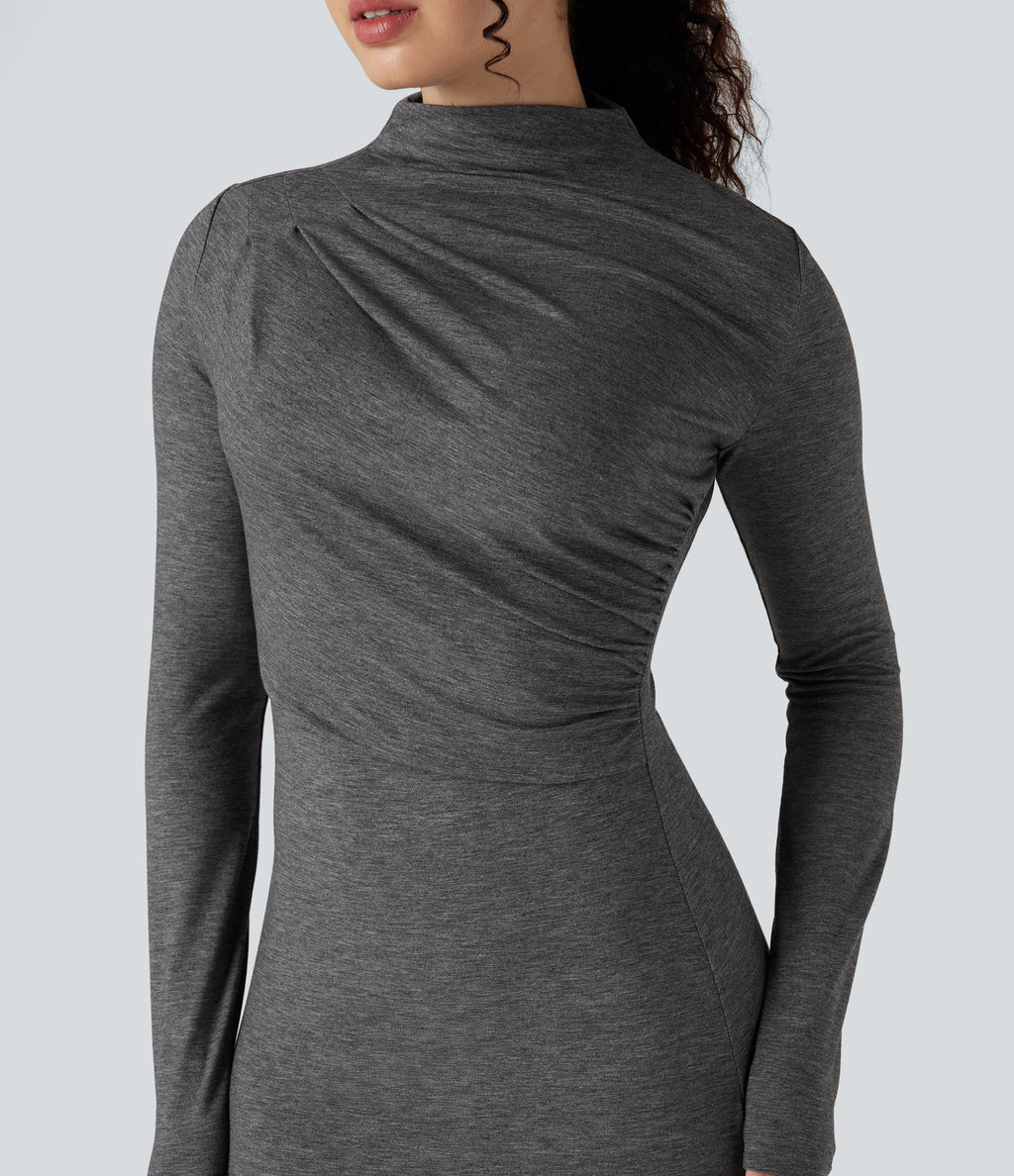 Mock Neck Long Sleeve Midi Casual Dress — Darl Gray Floral Yarn — view 4