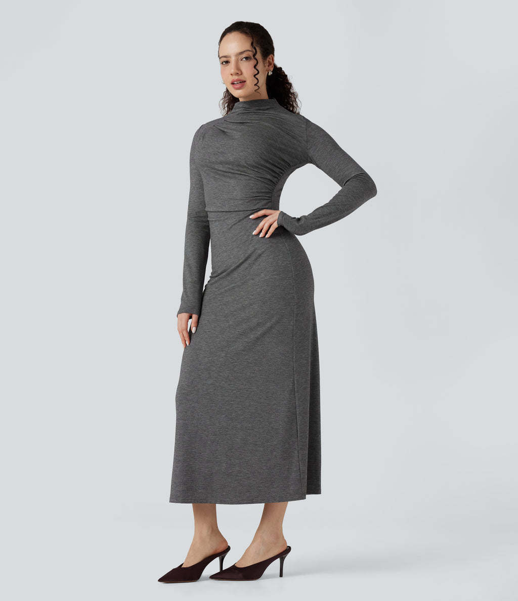 Mock Neck Long Sleeve Midi Casual Dress — Darl Gray Floral Yarn — view 3