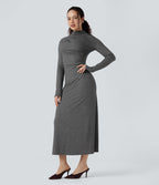 Mock Neck Long Sleeve Midi Casual Dress — Darl Gray Floral Yarn — view 3