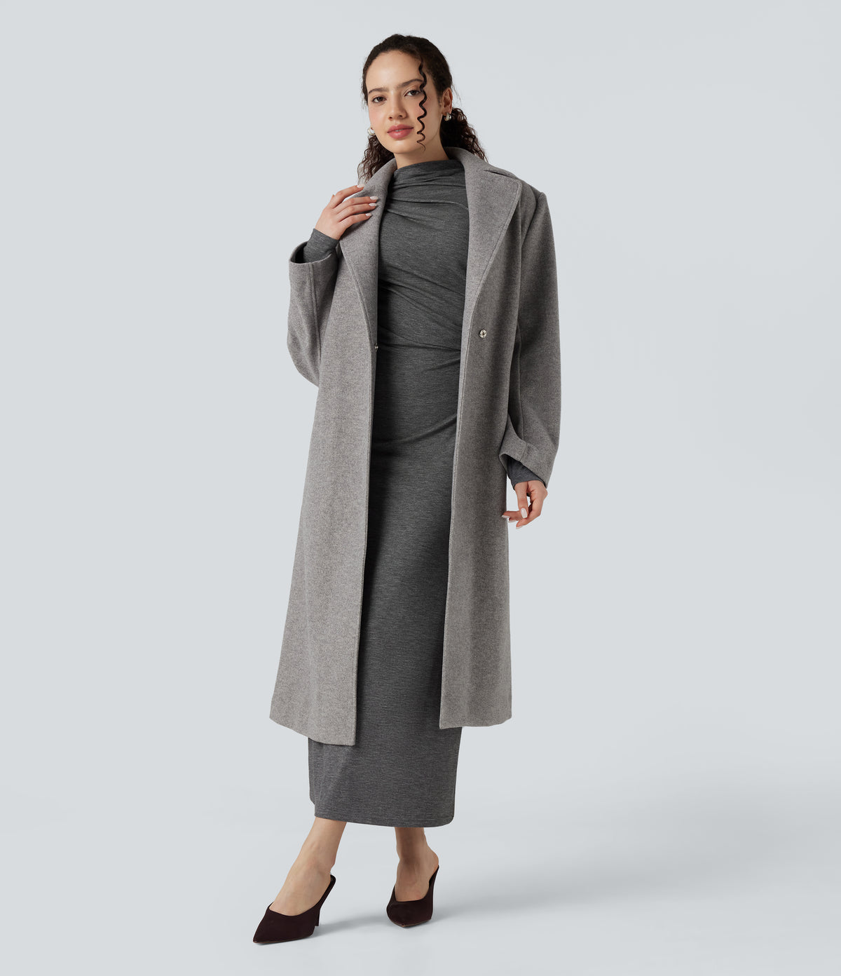 Mock Neck Long Sleeve Midi Casual Dress — Darl Gray Floral Yarn — view 5