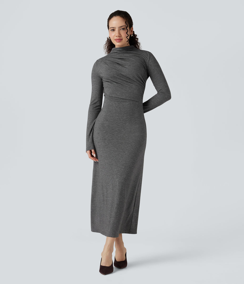 Mock Neck Long Sleeve Midi Casual Dress — Darl Gray Floral Yarn — view 1