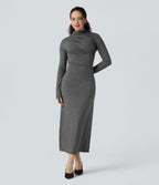 Mock Neck Long Sleeve Midi Casual Dress — Darl Gray Floral Yarn — view 1