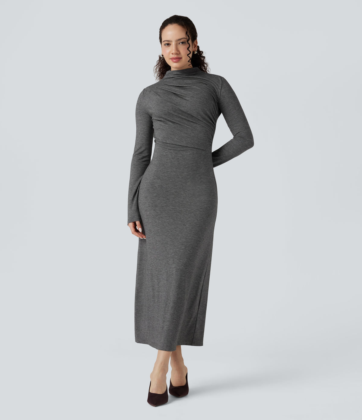 Mock Neck Long Sleeve Midi Casual Dress — Darl Gray Floral Yarn — view 1