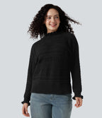 Ruffle Mock Neck Long Sleeve Cut Out Casual Jumper — Black — view 1