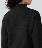 Ruffle Mock Neck Long Sleeve Cut Out Casual Jumper — Black — view 5