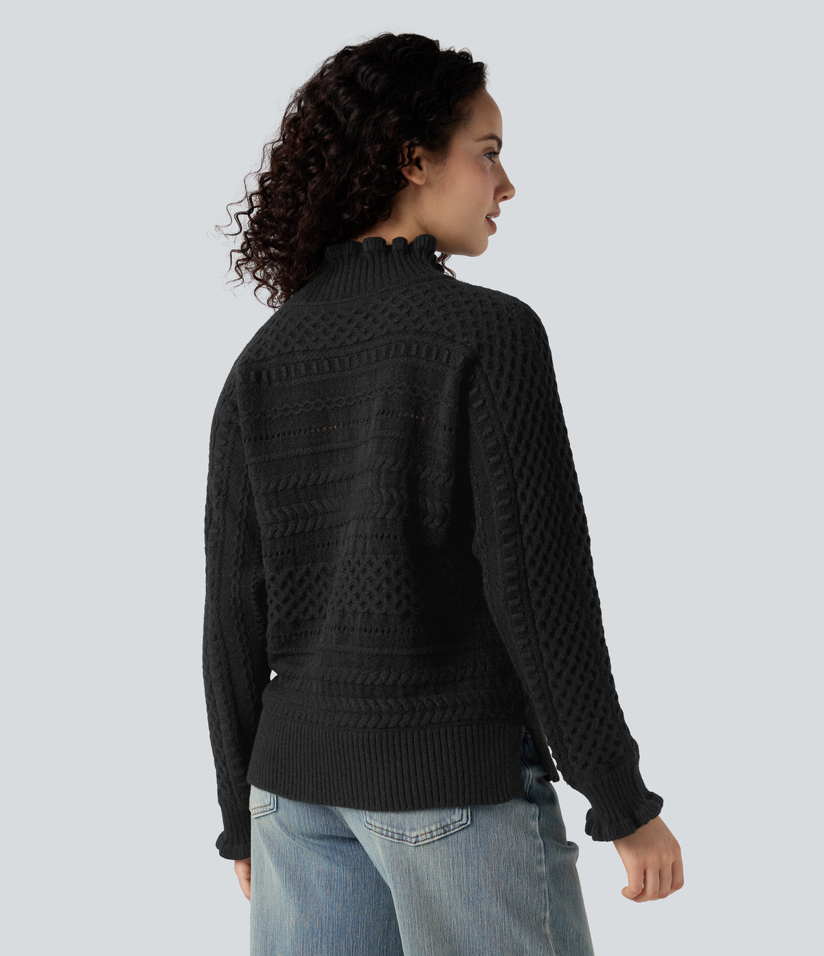 Ruffle Mock Neck Long Sleeve Cut Out Casual Jumper — Black — view 2