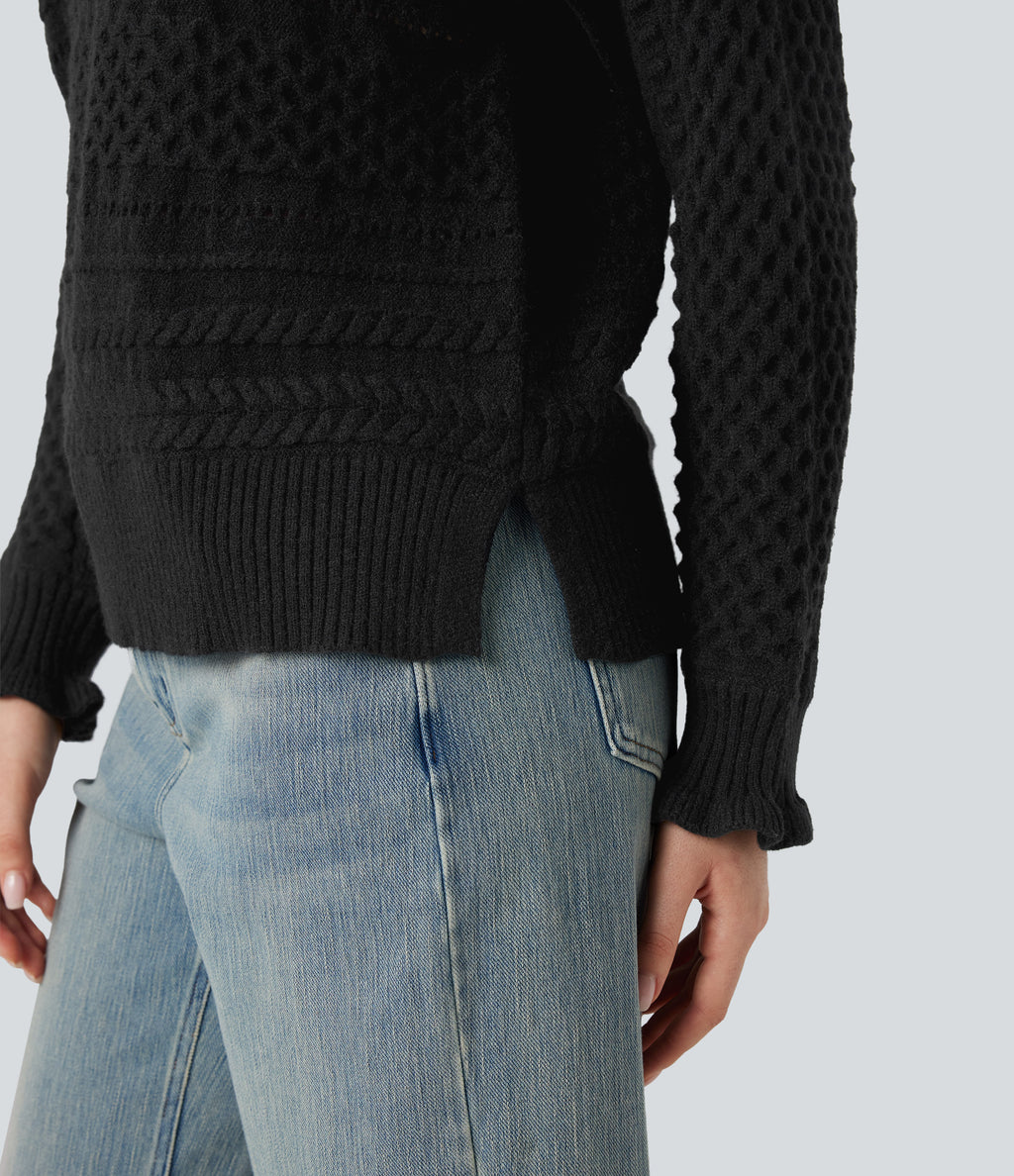 Ruffle Mock Neck Long Sleeve Cut Out Casual Jumper — Black — view 6