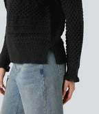 Ruffle Mock Neck Long Sleeve Cut Out Casual Jumper — Black — view 6