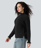 Ruffle Mock Neck Long Sleeve Cut Out Casual Jumper — Black — view 3