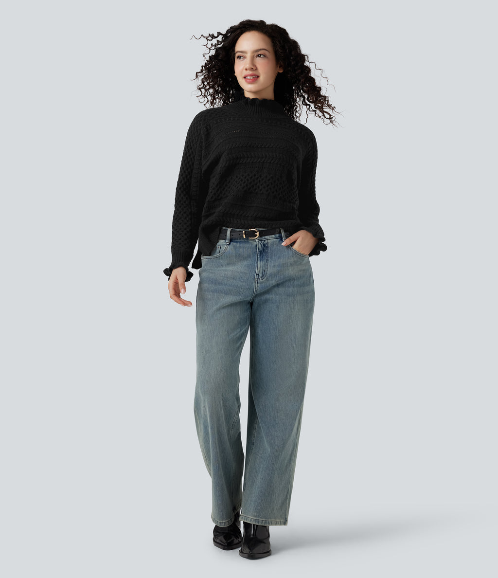 Ruffle Mock Neck Long Sleeve Cut Out Casual Jumper — Black — view 7