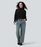 Ruffle Mock Neck Long Sleeve Cut Out Casual Jumper — Black — view 7