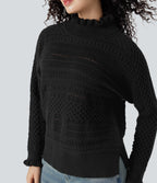 Ruffle Mock Neck Long Sleeve Cut Out Casual Jumper — Black — view 4