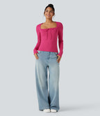 Square Neck Lace Up Long Sleeve Casual Top — Innuendo — view 5
