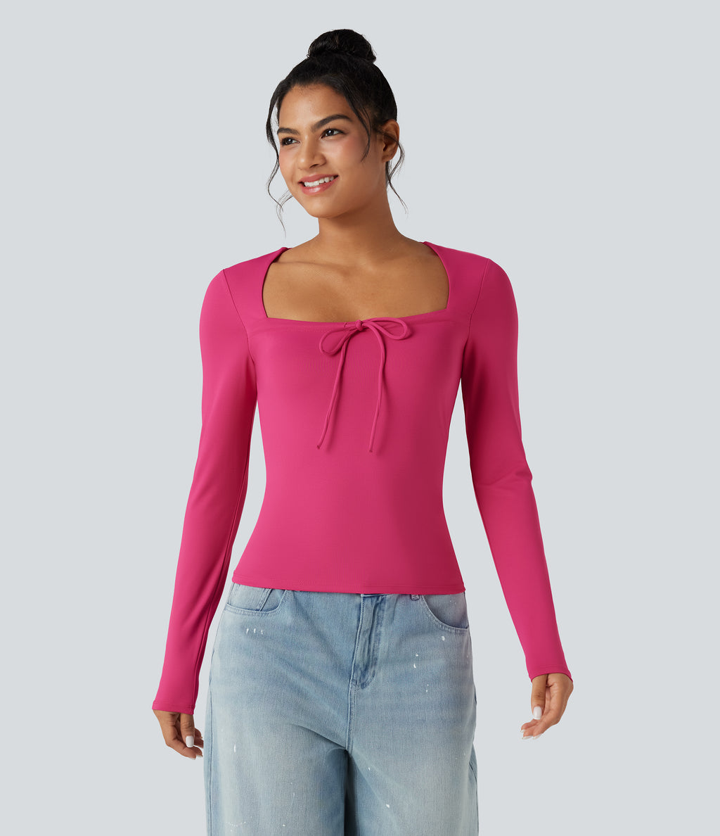Square Neck Lace Up Long Sleeve Casual Top — Innuendo — view 1