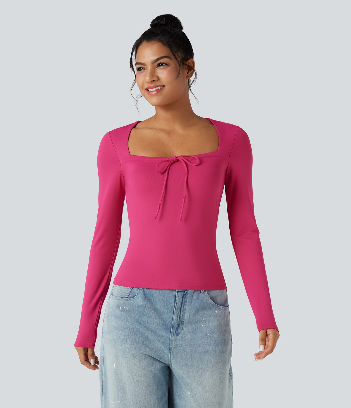 Square Neck Lace Up Long Sleeve Casual Top — Innuendo — view 1