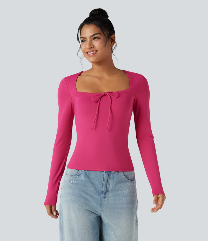 Square Neck Lace Up Long Sleeve Casual Top — Innuendo — view 1