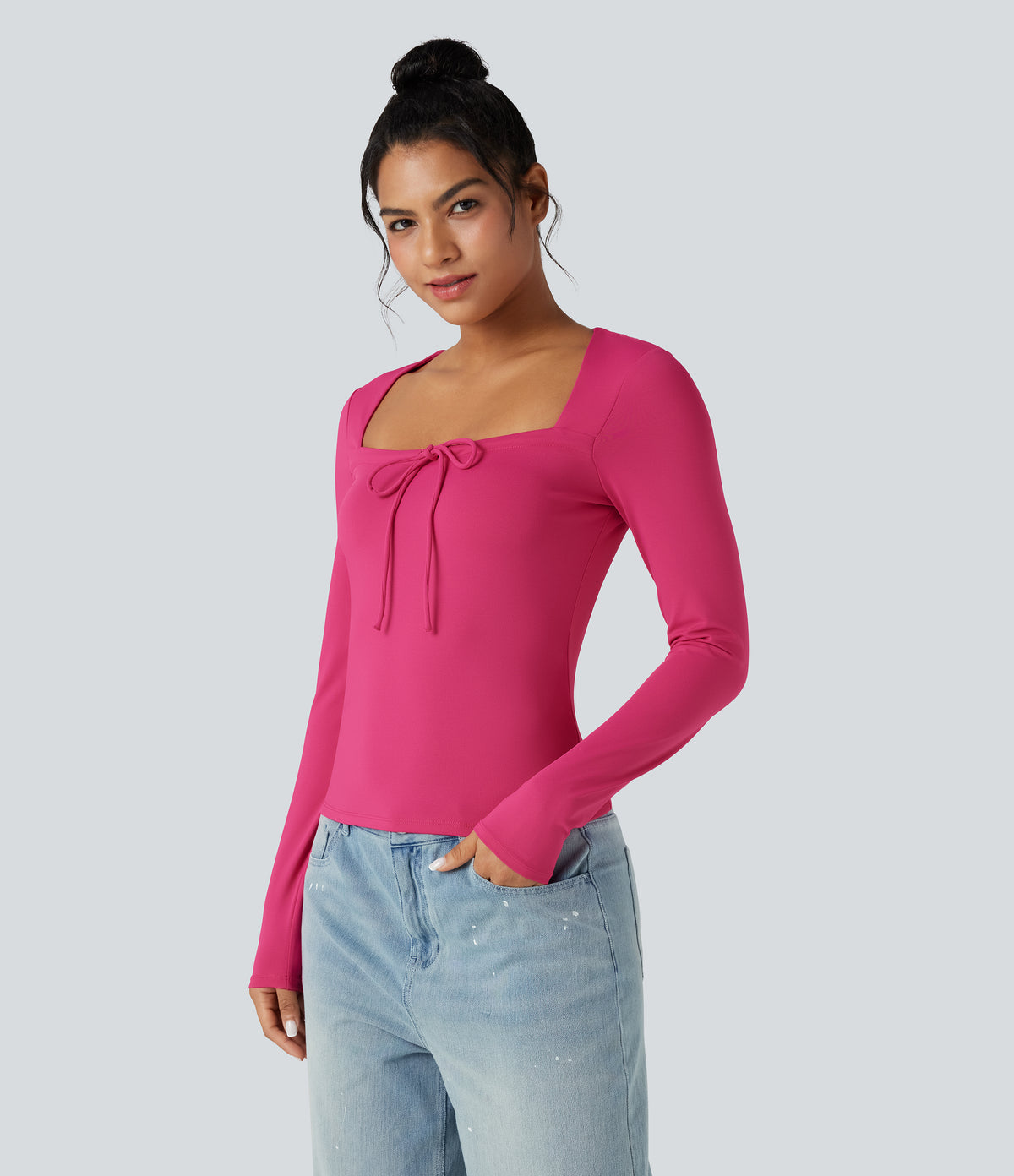 Square Neck Lace Up Long Sleeve Casual Top — Innuendo — view 3