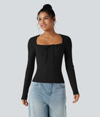 Square Neck Lace Up Long Sleeve Casual Top — Black — view 6