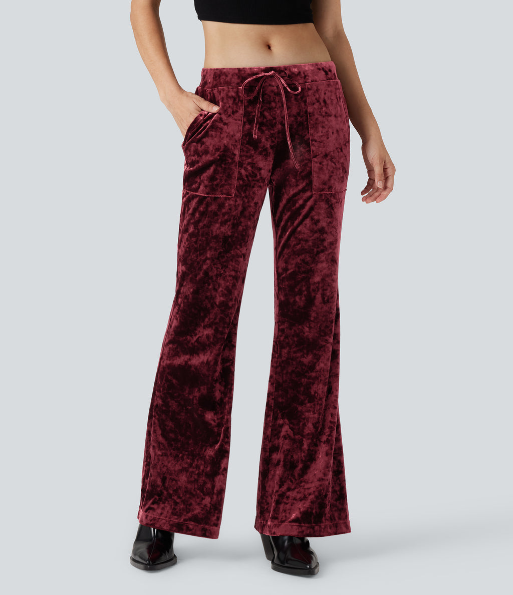Low Rise Drawstring Velvet Casual Flared Trousers with Pockets — Burgundy — view 3