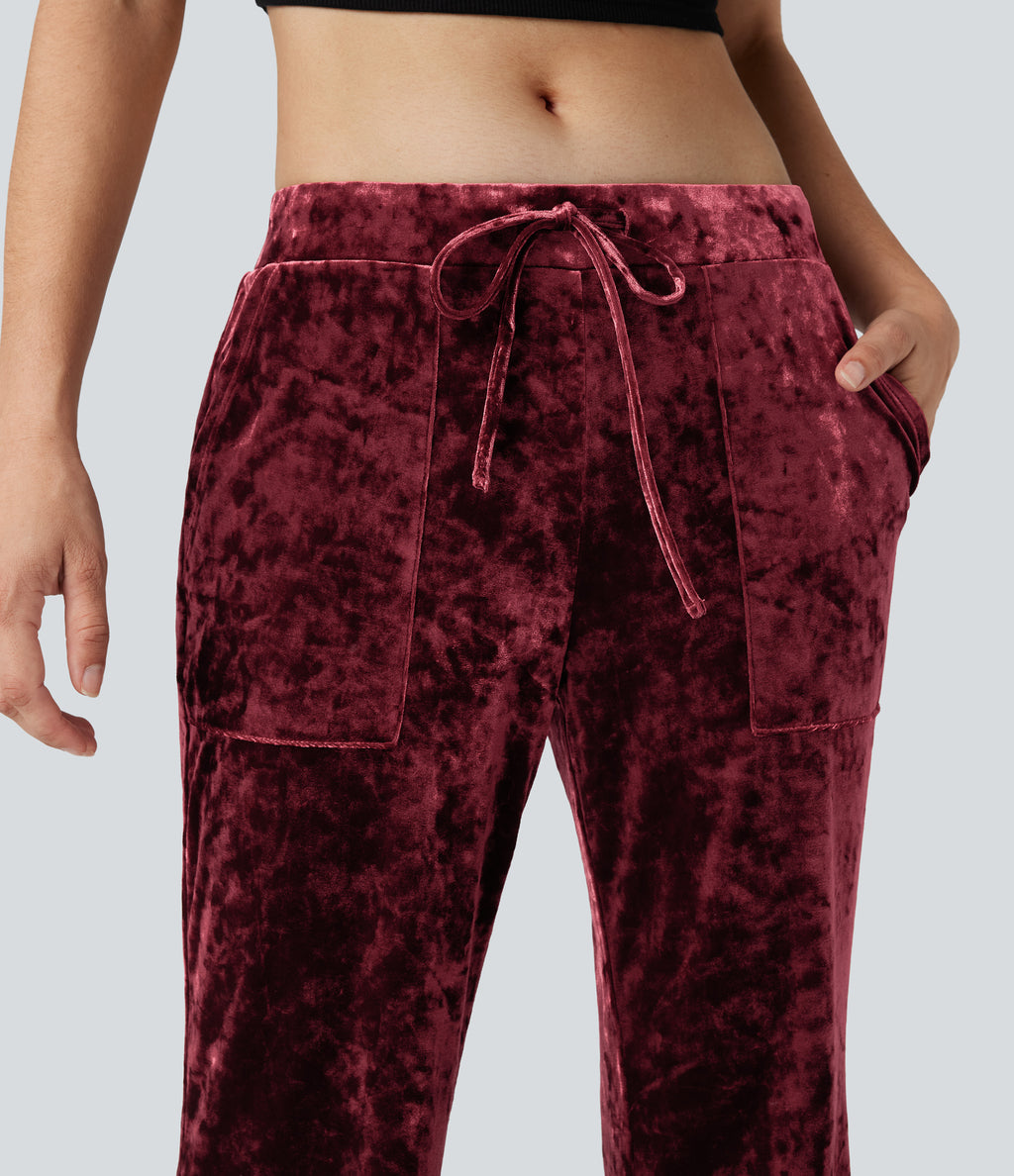 Low Rise Drawstring Velvet Casual Flared Trousers with Pockets — Burgundy — view 4