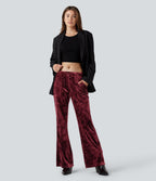 Low Rise Drawstring Velvet Casual Flared Trousers with Pockets — Burgundy — view 6