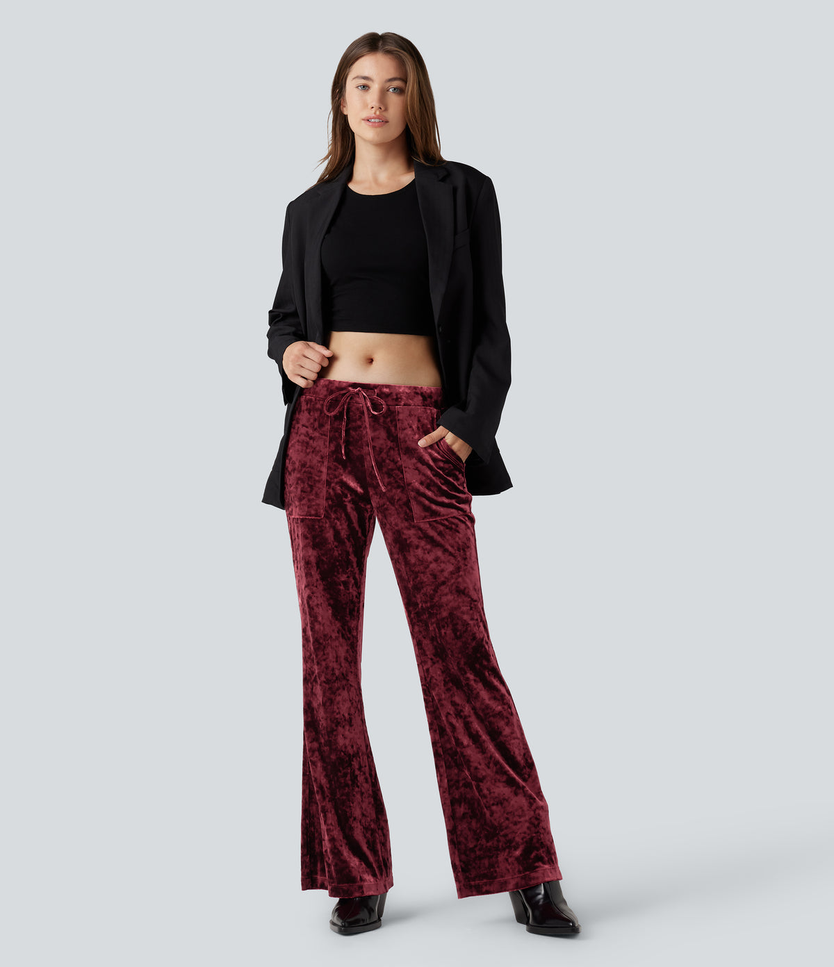 Low Rise Drawstring Velvet Casual Flared Trousers with Pockets — Burgundy — view 6