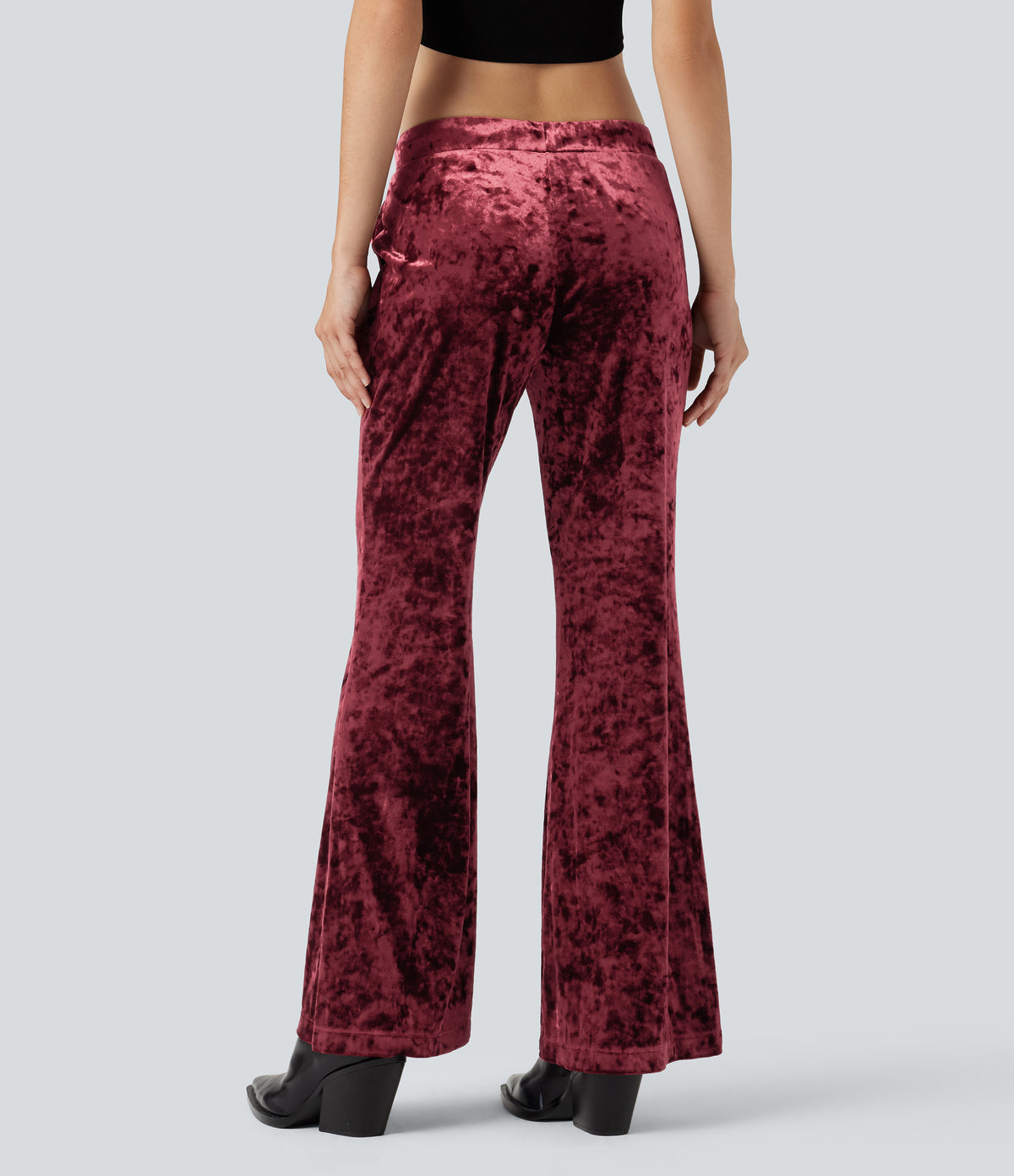 Low Rise Drawstring Velvet Casual Flared Trousers with Pockets — Burgundy — view 2
