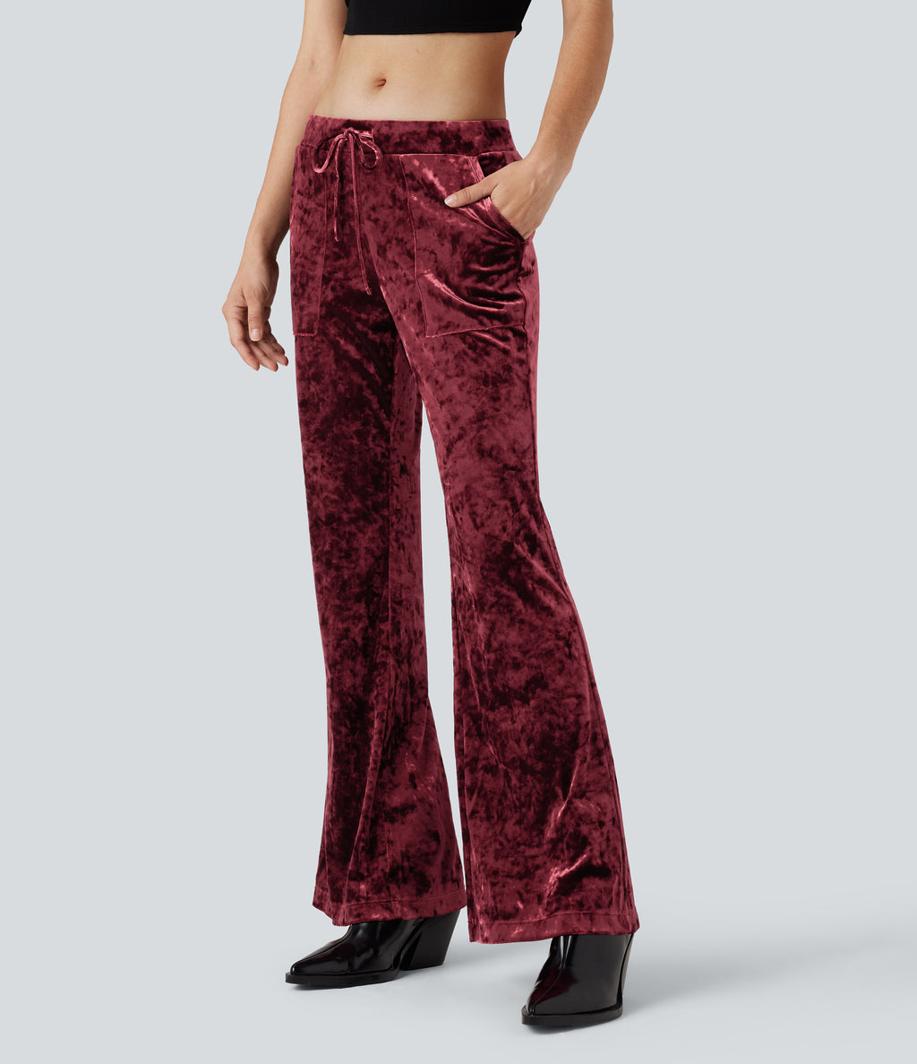 Low Rise Drawstring Velvet Casual Flared Trousers with Pockets — Burgundy — view 1