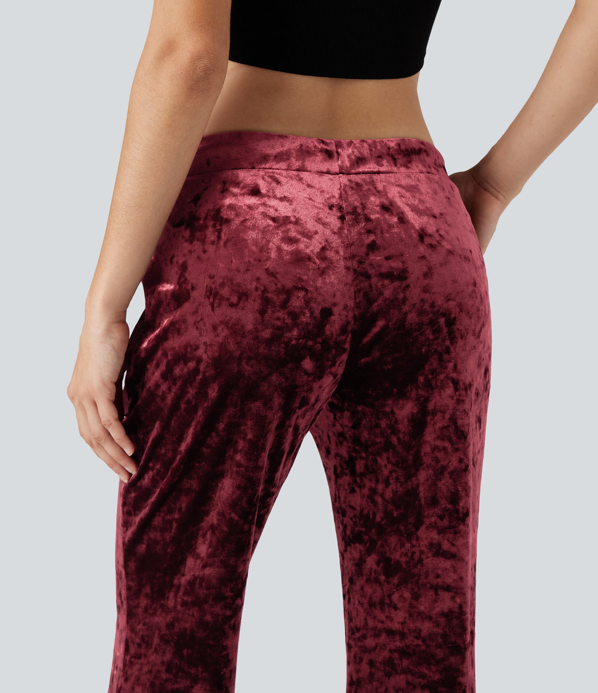 Low Rise Drawstring Velvet Casual Flared Trousers with Pockets — Burgundy — view 5