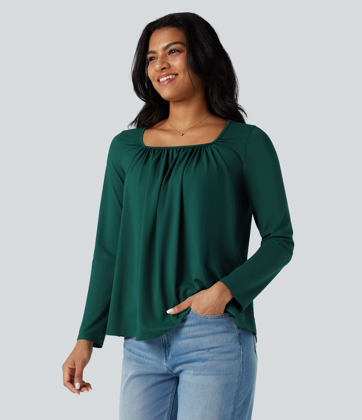 Square Neck Long Sleeve Casual T-Shirt — Rain Forest — view 3