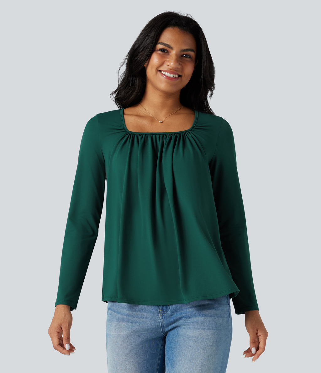 Square Neck Long Sleeve Casual T-Shirt — Rain Forest — view 1