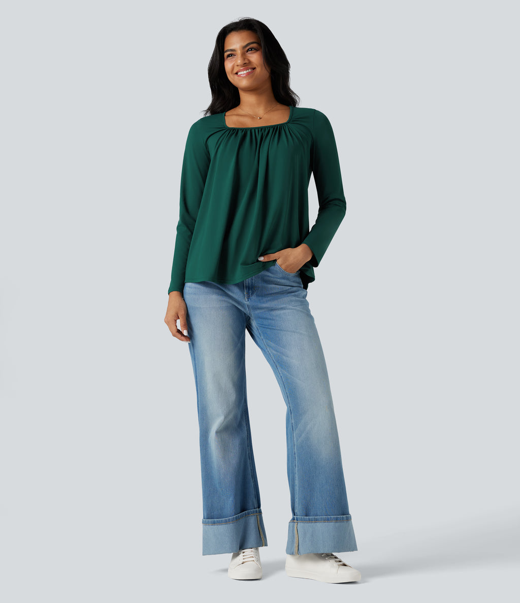 Square Neck Long Sleeve Casual T-Shirt — Rain Forest — view 5