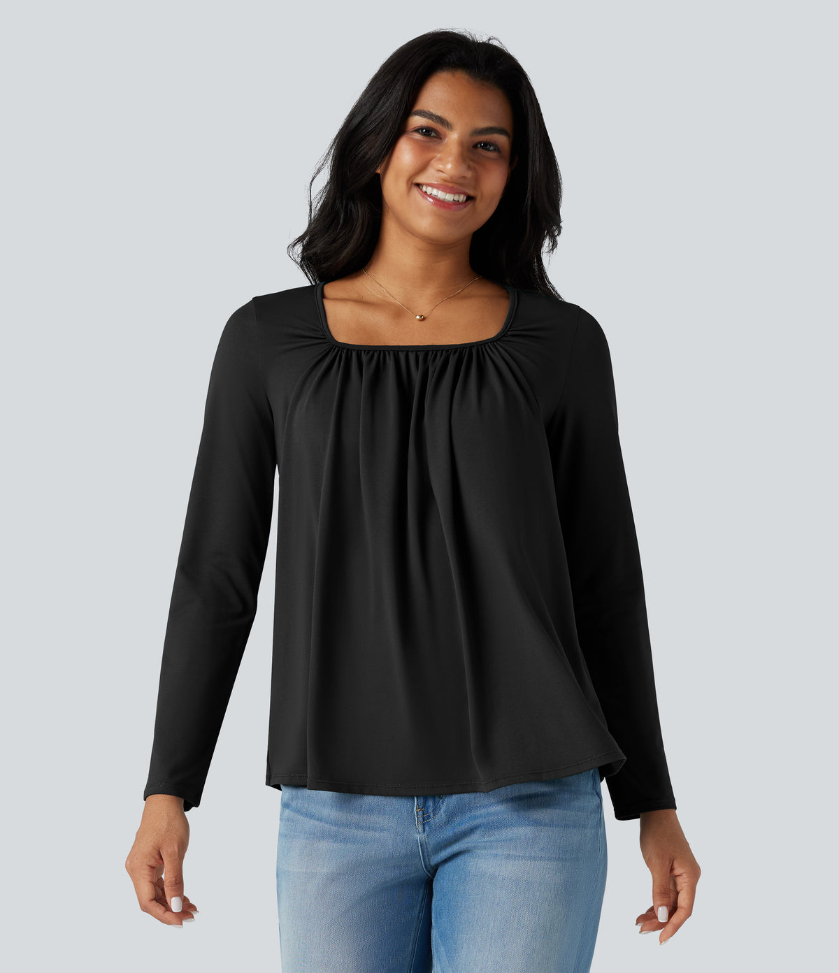 Square Neck Long Sleeve Casual T-Shirt — Black — view 6