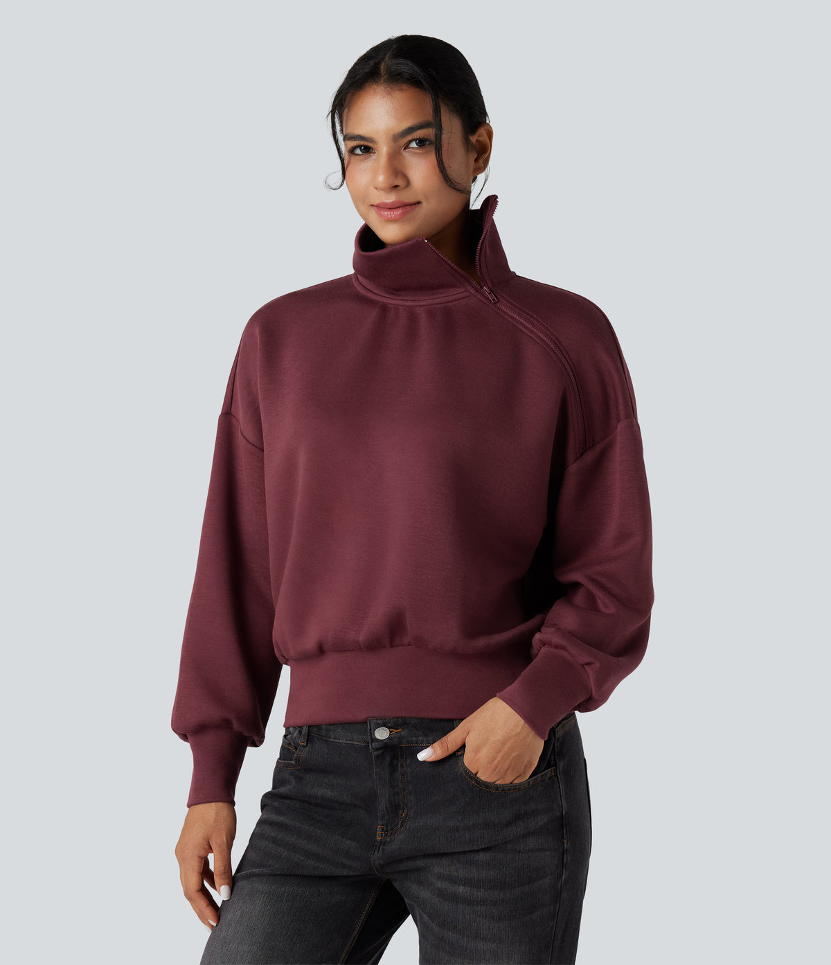 SpacerTek Funnel Neck Half Zip Oversized Casual Sweatshirt — Oxblood Red — view 1