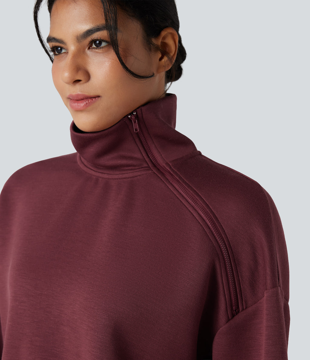 SpacerTek Funnel Neck Half Zip Oversized Casual Sweatshirt — Oxblood Red — view 6