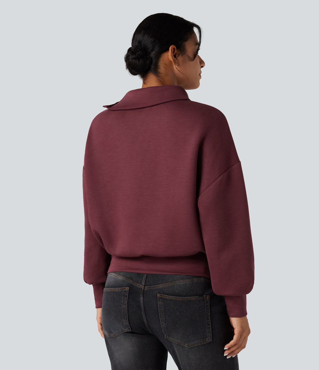 SpacerTek Funnel Neck Half Zip Oversized Casual Sweatshirt — Oxblood Red — view 4