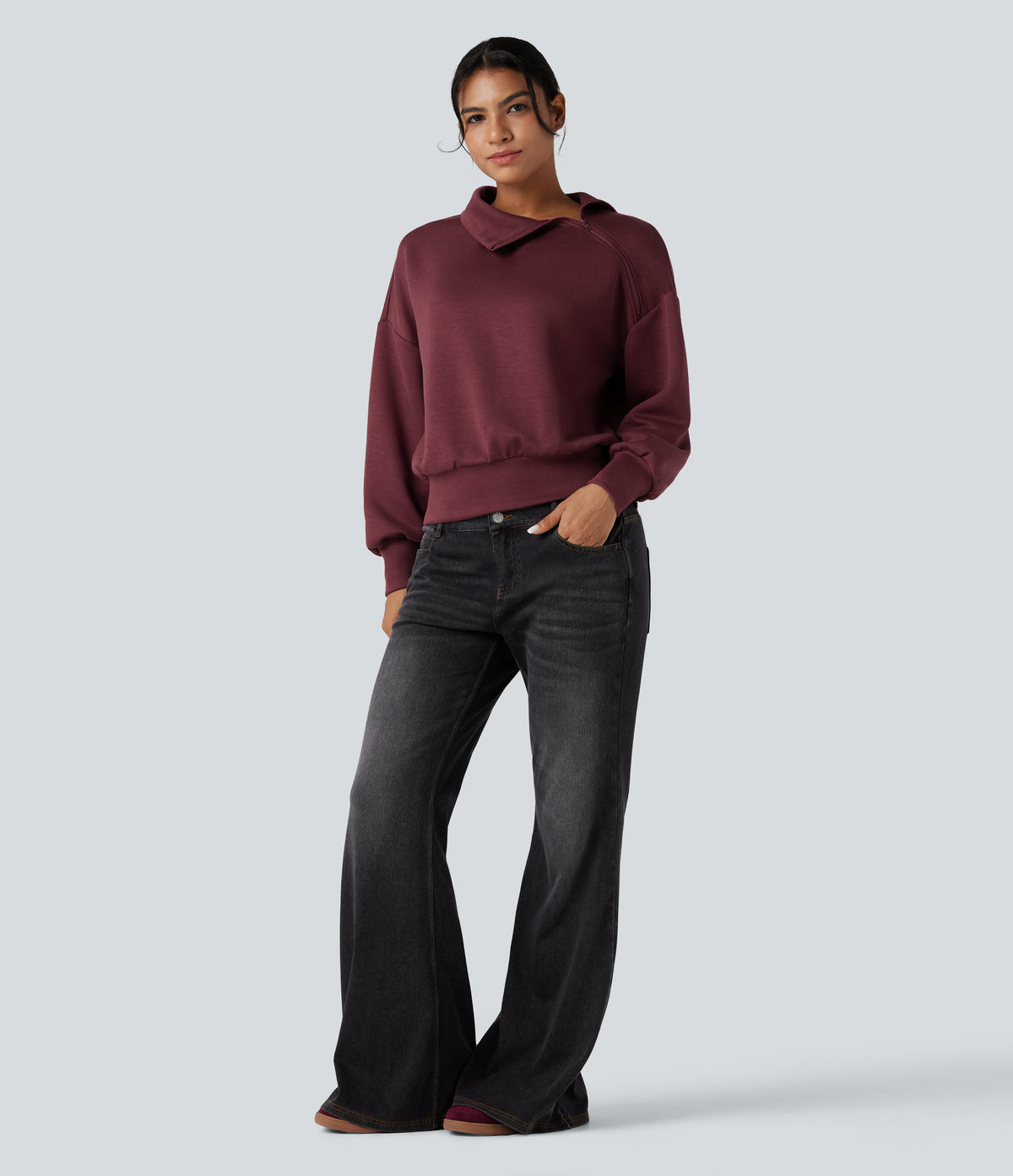 SpacerTek Funnel Neck Half Zip Oversized Casual Sweatshirt — Oxblood Red — view 8